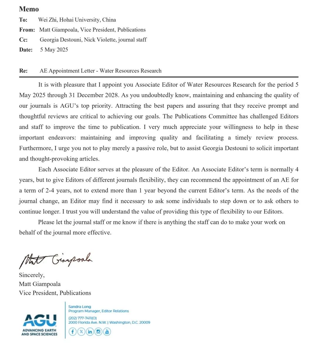 国重室直伟教授受邀担任《Water Resources Research》副主编
